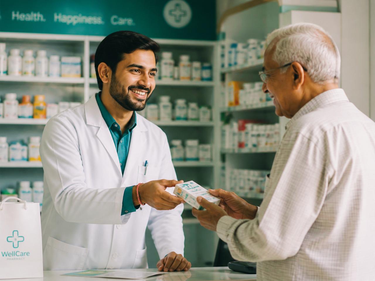 Pharmacist serving a loyal customer