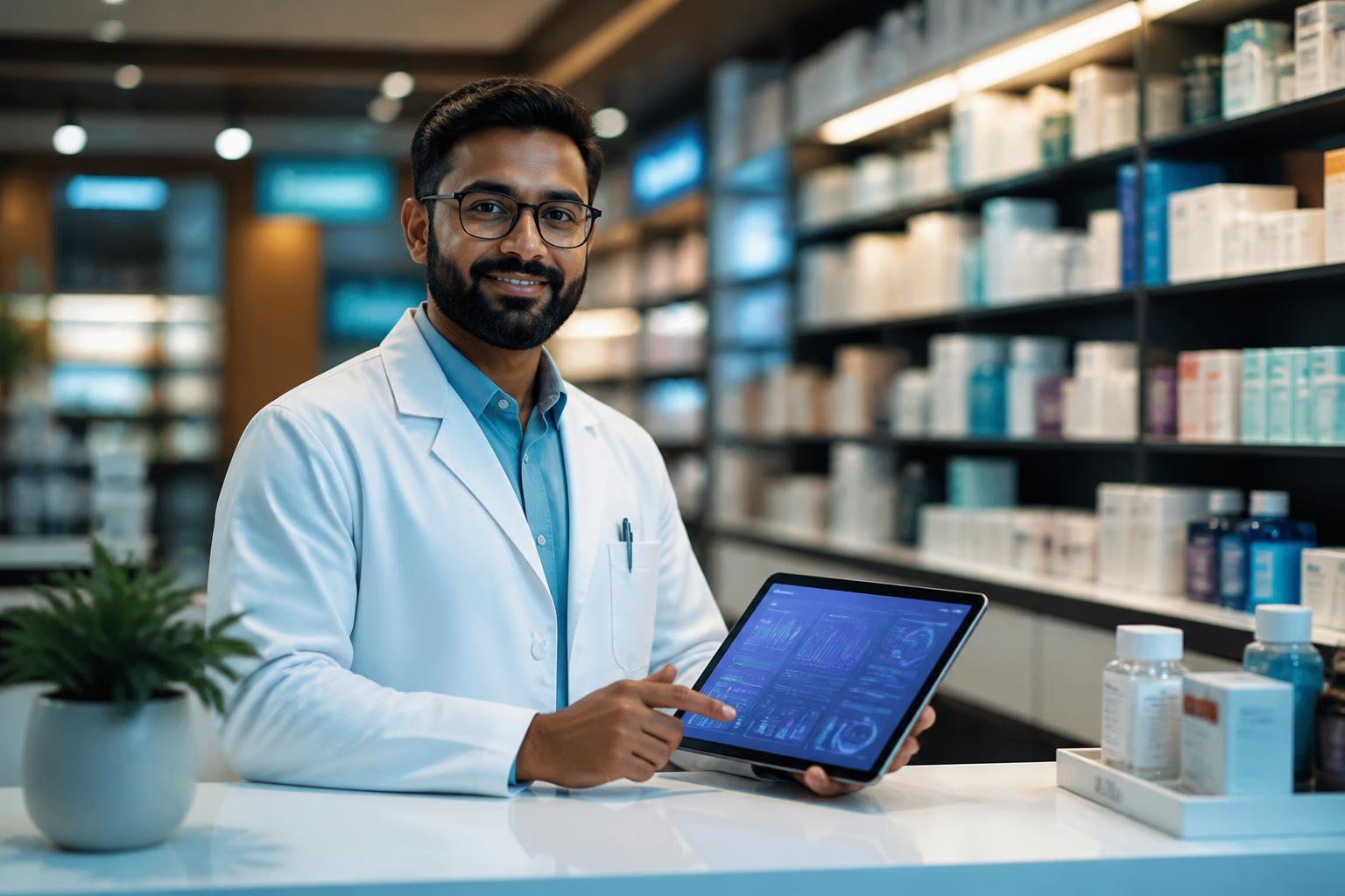 Pharmacist using Pharmixa AI inventory dashboard on a tablet